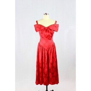 Vintage 60's NU-MODE Red Rose Floral Satin Brocade Off Shoulder Dress, Size 7/8